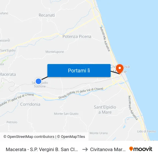 Macerata - S.P. Vergini B. San Claudio to Civitanova Marche map