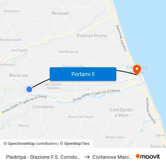 Piediripa - Stazione F.S. Corridonia to Civitanova Marche map