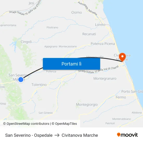 San Severino - Ospedale to Civitanova Marche map