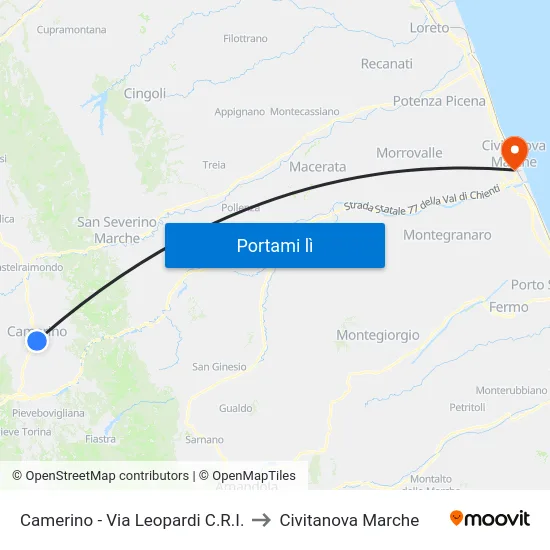 Camerino - Via Leopardi C.R.I. to Civitanova Marche map
