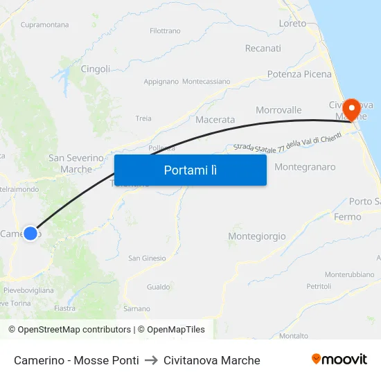 Camerino - Mosse Ponti to Civitanova Marche map