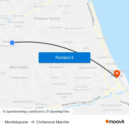 Montelupone to Civitanova Marche map