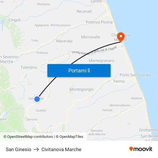 San Ginesio to Civitanova Marche map