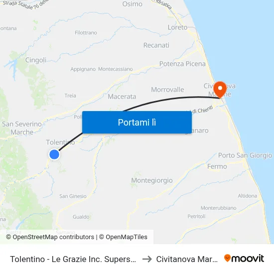 Tolentino - Le Grazie Inc. Superstrada to Civitanova Marche map