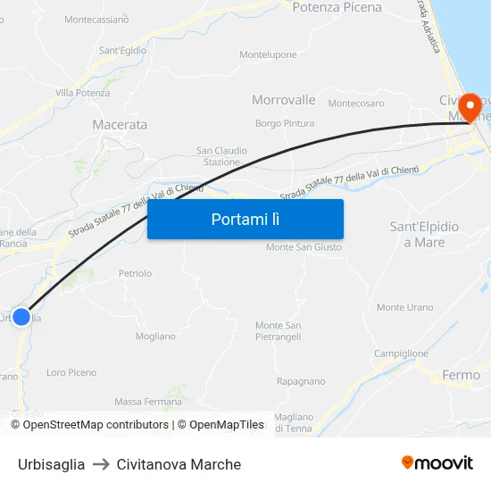 Urbisaglia to Civitanova Marche map