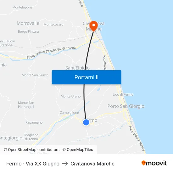 Fermo - Via XX Giugno to Civitanova Marche map