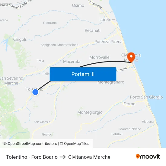 Tolentino - Foro Boario to Civitanova Marche map