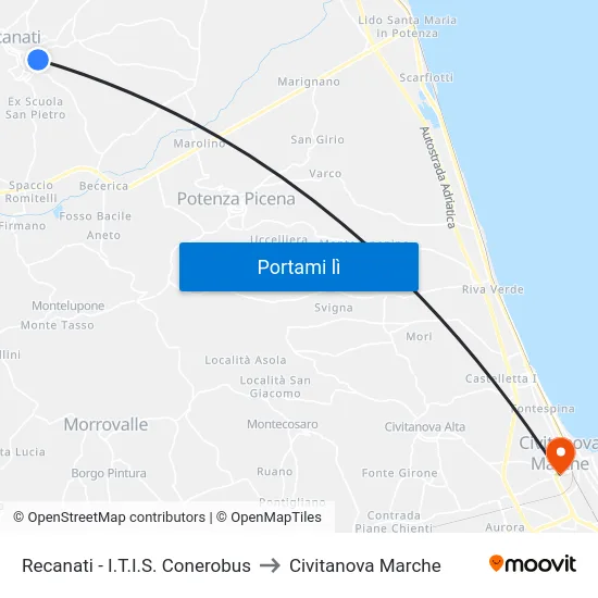 Recanati - I.T.I.S. Conerobus to Civitanova Marche map