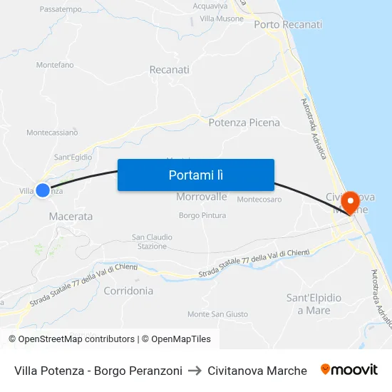 Villa Potenza - Borgo Peranzoni to Civitanova Marche map