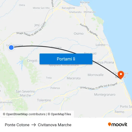 Ponte Cotone to Civitanova Marche map
