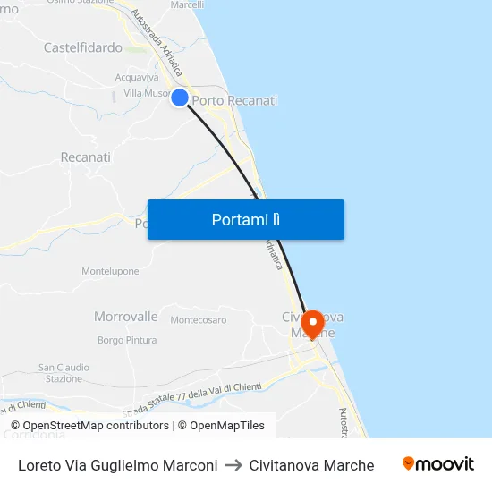 Loreto Via Guglielmo Marconi to Civitanova Marche map