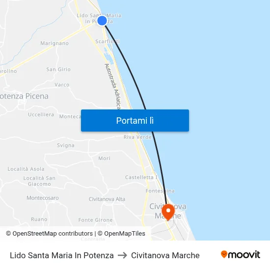 Lido Santa Maria In Potenza to Civitanova Marche map