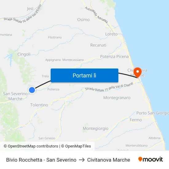Bivio Rocchetta - San Severino to Civitanova Marche map