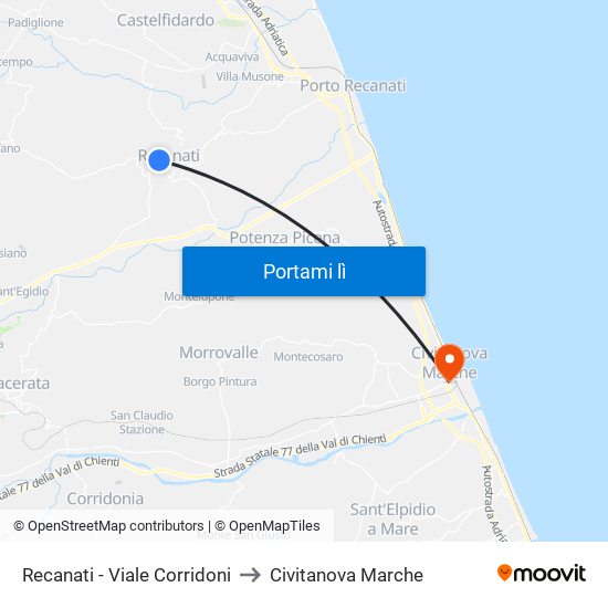 Recanati - Viale Corridoni to Civitanova Marche map