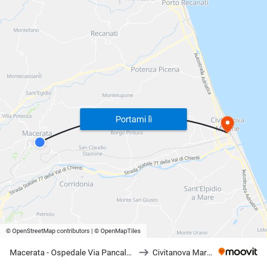 Macerata - Ospedale Via Pancalducci to Civitanova Marche map