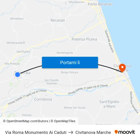 Via Roma Monumento Ai Caduti to Civitanova Marche map