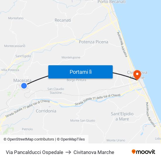 Via Pancalducci Ospedale to Civitanova Marche map