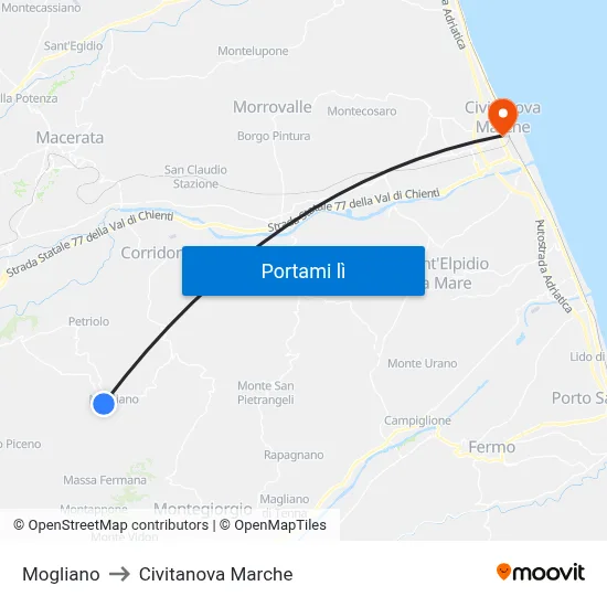 Mogliano to Civitanova Marche map