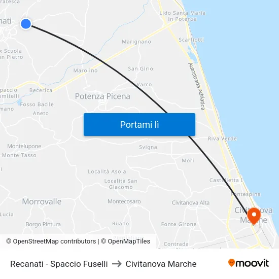 Recanati - Spaccio Fuselli to Civitanova Marche map
