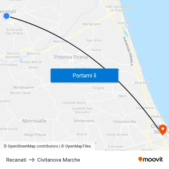 Recanati to Civitanova Marche map