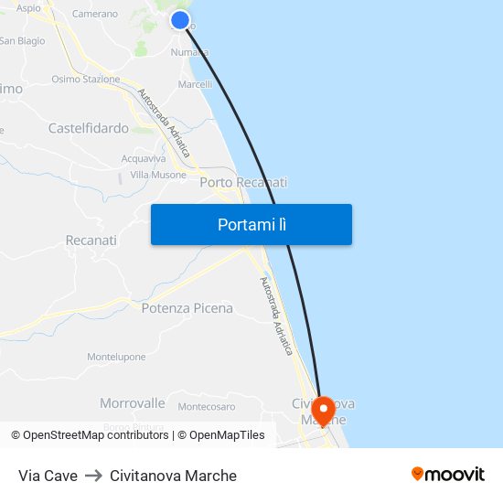 Via Cave to Civitanova Marche map