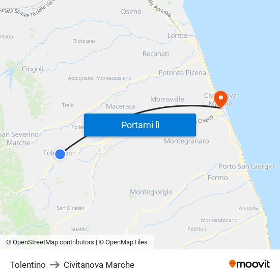 Tolentino to Civitanova Marche map