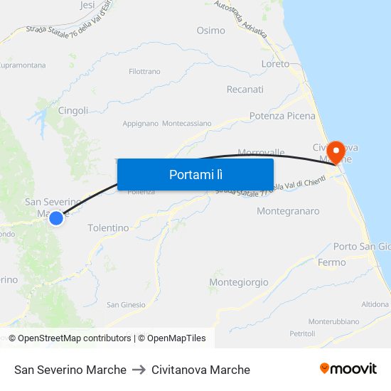 San Severino Marche to Civitanova Marche map