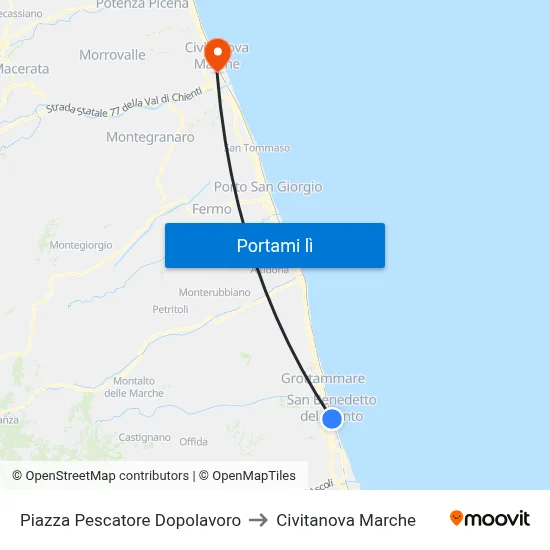 Piazza Pescatore Dopolavoro to Civitanova Marche map