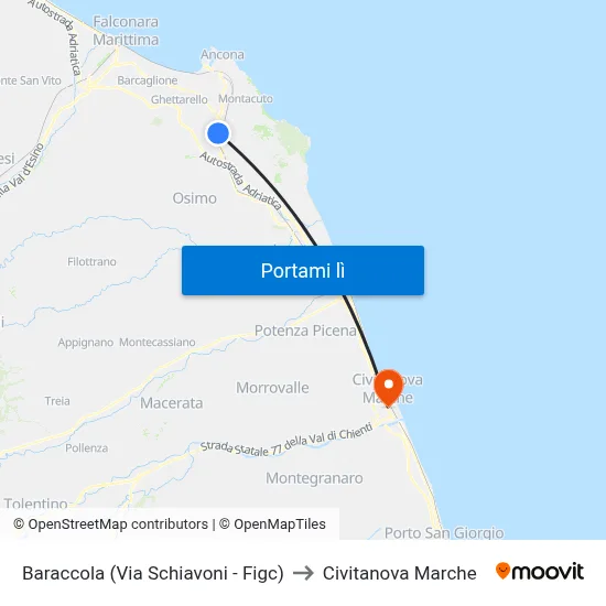 Baraccola (Via Schiavoni - Figc) to Civitanova Marche map