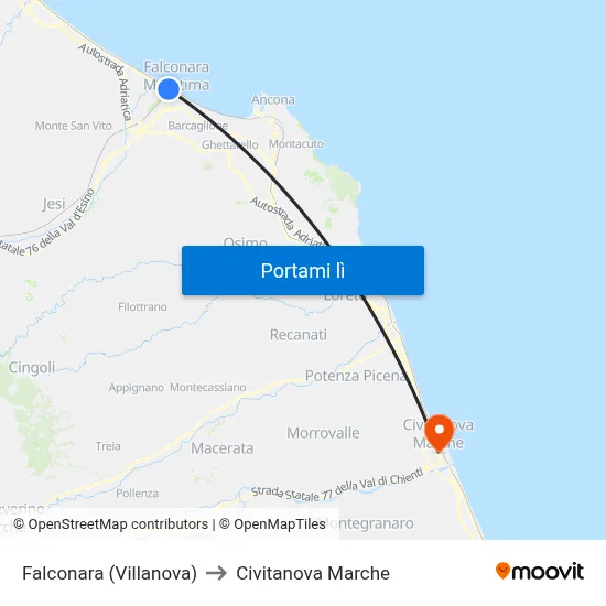 Falconara (Villanova) to Civitanova Marche map