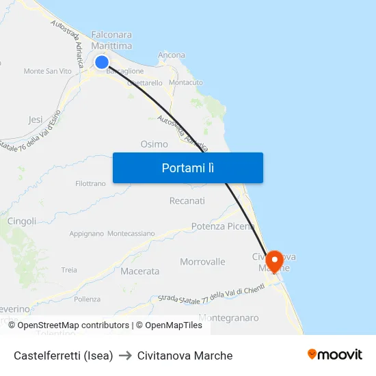Castelferretti (Isea) to Civitanova Marche map