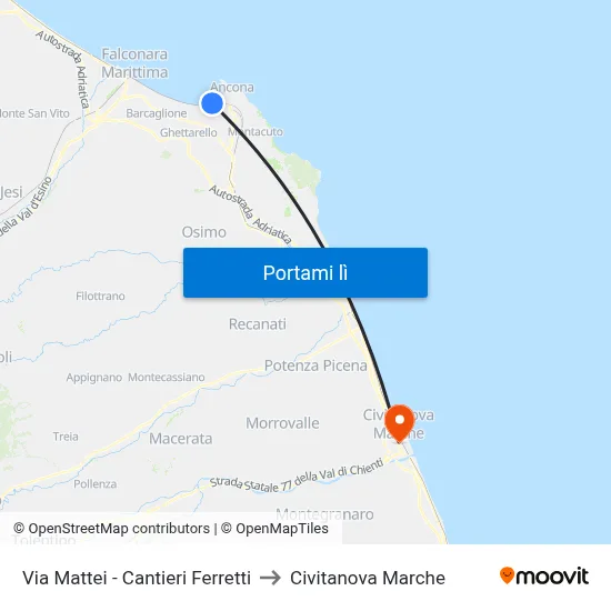 Via Mattei - Cantieri Ferretti to Civitanova Marche map