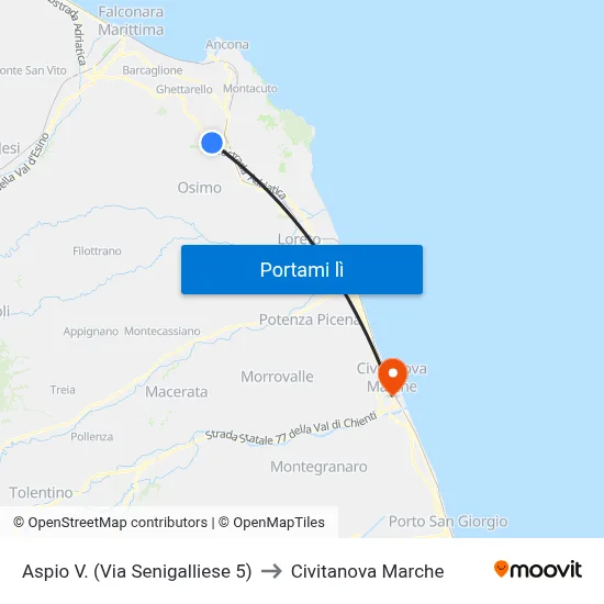 Aspio V. (Via Senigalliese 5) to Civitanova Marche map