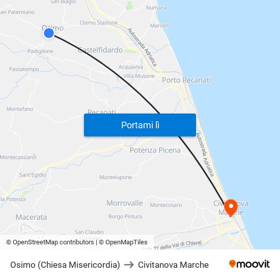 Osimo (Chiesa Misericordia) to Civitanova Marche map