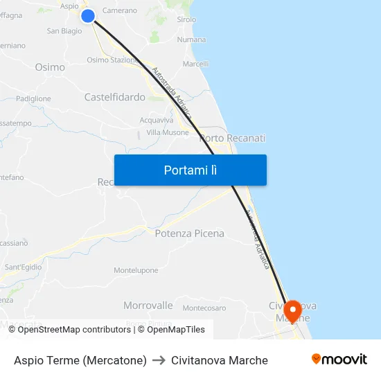 Aspio Terme (Mercatone) to Civitanova Marche map