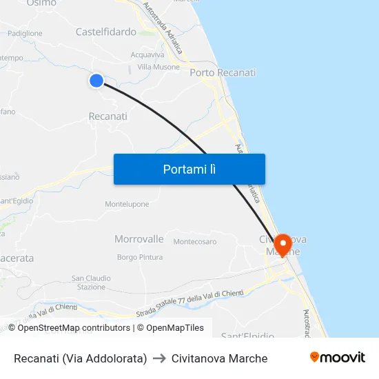 Recanati (Via Addolorata) to Civitanova Marche map