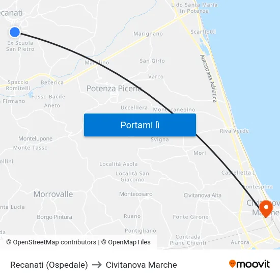 Recanati (Ospedale) to Civitanova Marche map