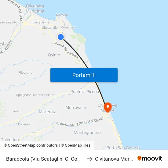 Baraccola (Via Scataglini C. Comm.) to Civitanova Marche map
