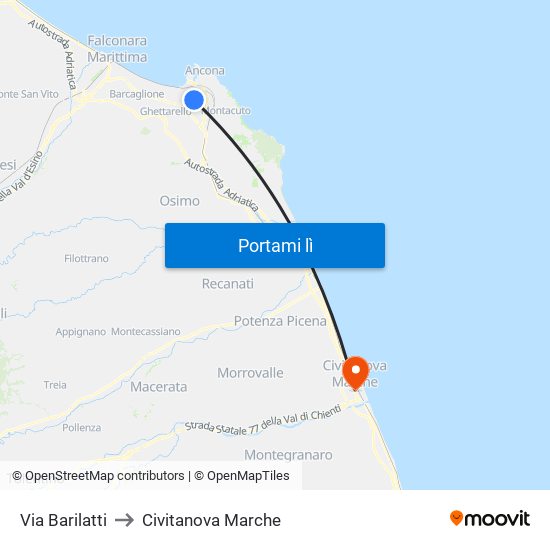 Via Barilatti to Civitanova Marche map