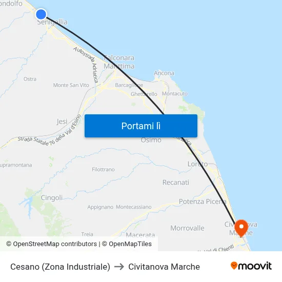 Cesano (Zona Industriale) to Civitanova Marche map