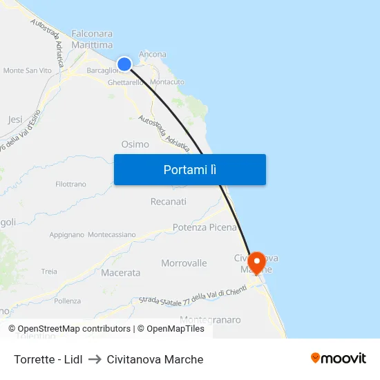Torrette - Lidl to Civitanova Marche map