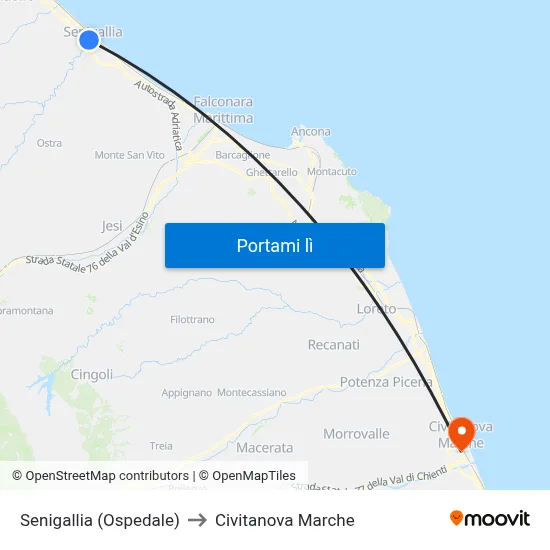 Senigallia (Ospedale) to Civitanova Marche map