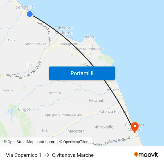 Via Copernico 1 to Civitanova Marche map