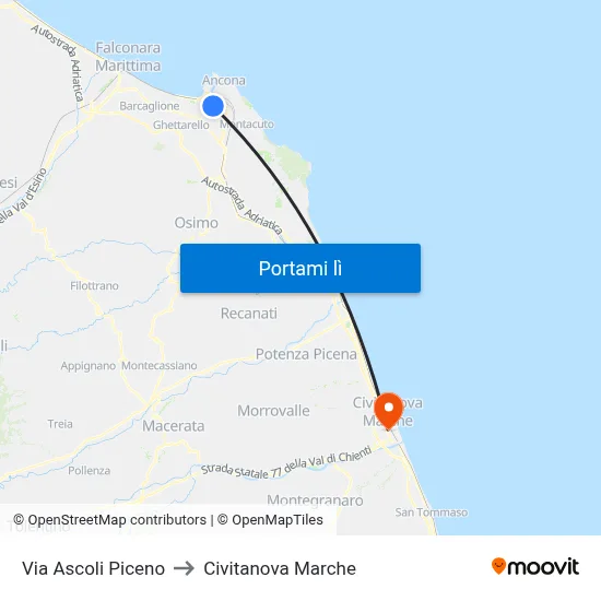 Via Ascoli Piceno to Civitanova Marche map