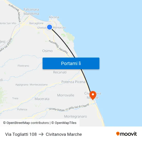 Via Togliatti 108 to Civitanova Marche map