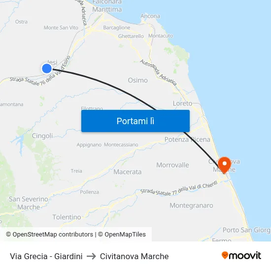Via Grecia - Giardini to Civitanova Marche map