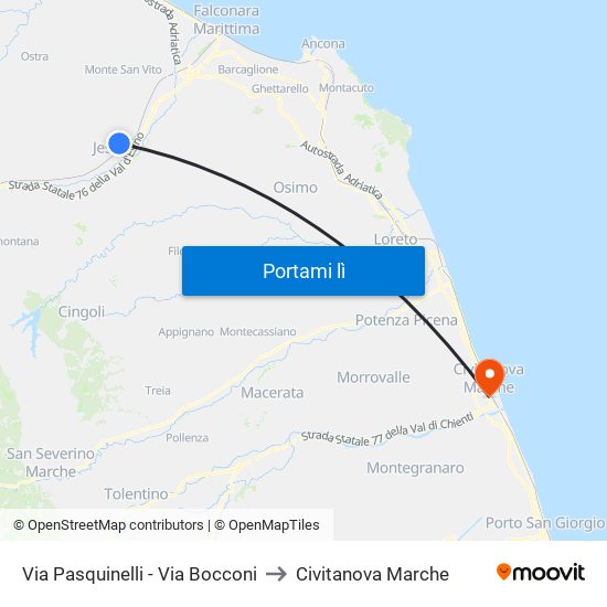 Via Pasquinelli - Via Bocconi to Civitanova Marche map