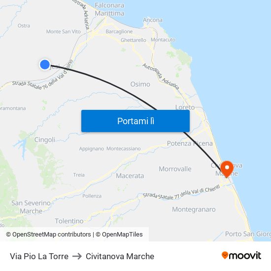 Via Pio La Torre to Civitanova Marche map