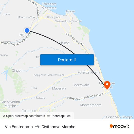 Via Fontedamo to Civitanova Marche map