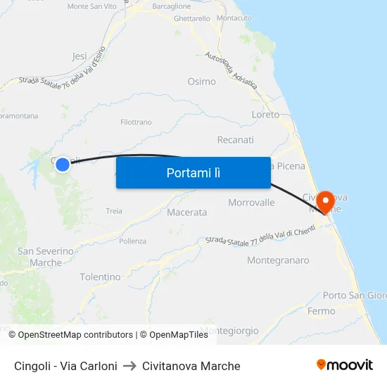Cingoli - Via Carloni to Civitanova Marche map